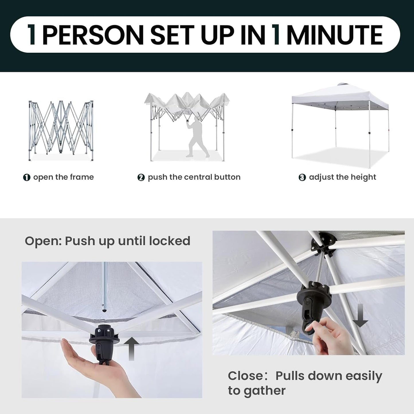 Shades 10x10 Pop Up Canopy with One Push Setup,Heavy Duty Beach Tent with Wheels for Easy Moving, Sun Shelter for Parties,Events, Outdoor Gazebo with 420D Coated Waterproof White Fabric