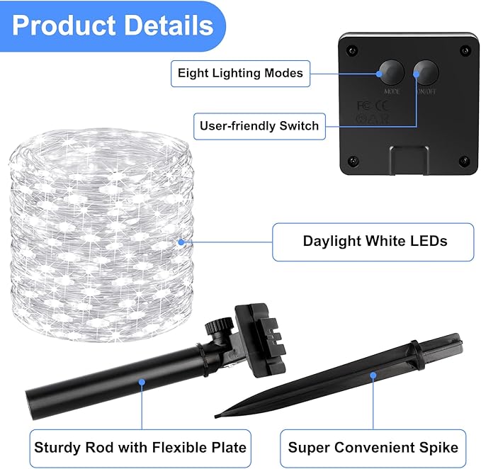 Brightever Outdoor String Lights Solar Powered, 2-Pack Total 80FT 200LED Solar Fairy Lights for Outside Waterproof with 8 Lighting Modes, Solar Twinkle Lights Outdoor for Garden (Daylight White)
