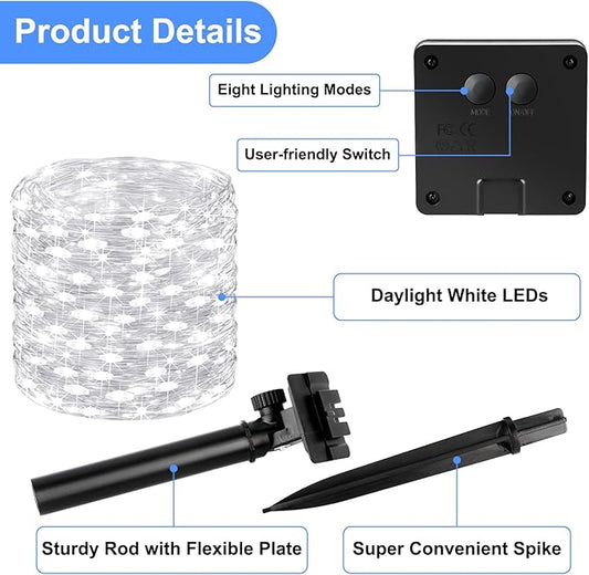 Brightever Outdoor String Lights Solar Powered, 2-Pack Total 80FT 200LED Solar Fairy Lights for Outside Waterproof with 8 Lighting Modes, Solar Twinkle Lights Outdoor for Garden (Daylight White)