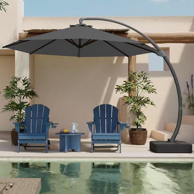 12FT Cantilever Umbrella with Base Large Curvy Outdoor Aluminum Offset Umbrella w/ 360° Rotation, UV Resistant Canopy for Patio, Garden, Backyard, Grey