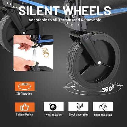 EchoSmile Collapsible Foldable Wagon Cart with 350lbs Weight Capacity, Heavy Duty Folding Utility Sport Wagon with Removeble Wheels for Camping,Grocery,Garden,Beach,Black &Blue