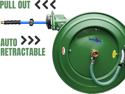 Auto Retractable Water Hose Reel with Hot & Cold Water Rubber Garden Hose, Spray Nozzle - Ultra Light, Super Strong with 6' Lead-in Hose (5/8” x 50’ Green)