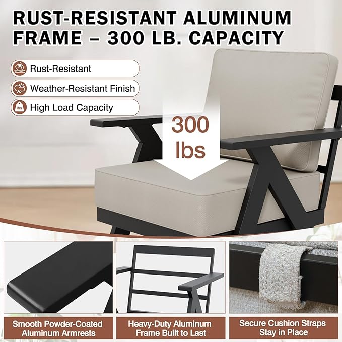 EAGLE PEAK Urban Slate 3 Piece Outdoor Bistro Set Modern Swivel Rocking Chairs and Table, Outdoor Furniture Set for Balcony Porch Deck or Backyard, Black/Beige