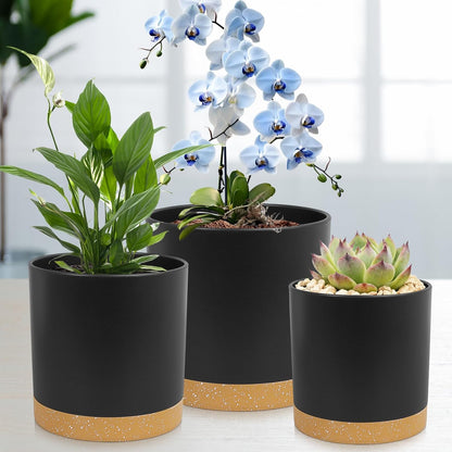 5 Pack Cylindrical Flower Pots with 7/6.5/6/5/4 inch, Modern Small Plastic Plant Pots with Drainage Holes & Saucers, Round Planter Pots for Outdoor, Indoor & Office Decor (Black Brown)