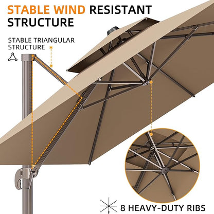 10' X 13' Outdoor Patio Umbrella Large Rectangle Cantilever Umbrella Heavy Duty 360°Rotation Offset Umbrella for Garden Deck Pool Patio,Brown