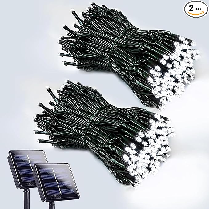 2 Pack 200 LED Solar String Lights for Outside, Solar Christmas Lights Outdoor with 8 Lighting Modes, Waterproof Green Wire Solar Powered Tree Light for Xmas Party Yard Garden Decorations (Cool White)