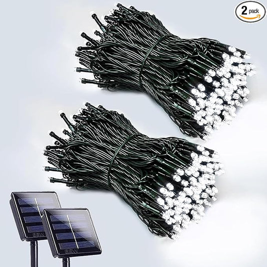 2 Pack 200 LED Solar String Lights for Outside, Solar Christmas Lights Outdoor with 8 Lighting Modes, Waterproof Green Wire Solar Powered Tree Light for Xmas Party Yard Garden Decorations (Cool White)