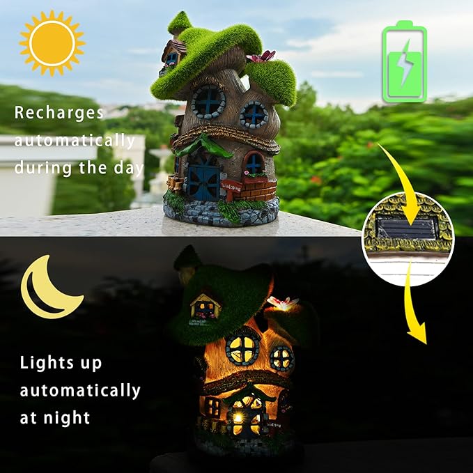 ASAWASA Flocked Mushroom Fairy Garden House with Solar Light,Funny Statue Sculptures for Garden Decor,Exquisite Cottage Figurines for Patio Lawn Yard Gift Decoration