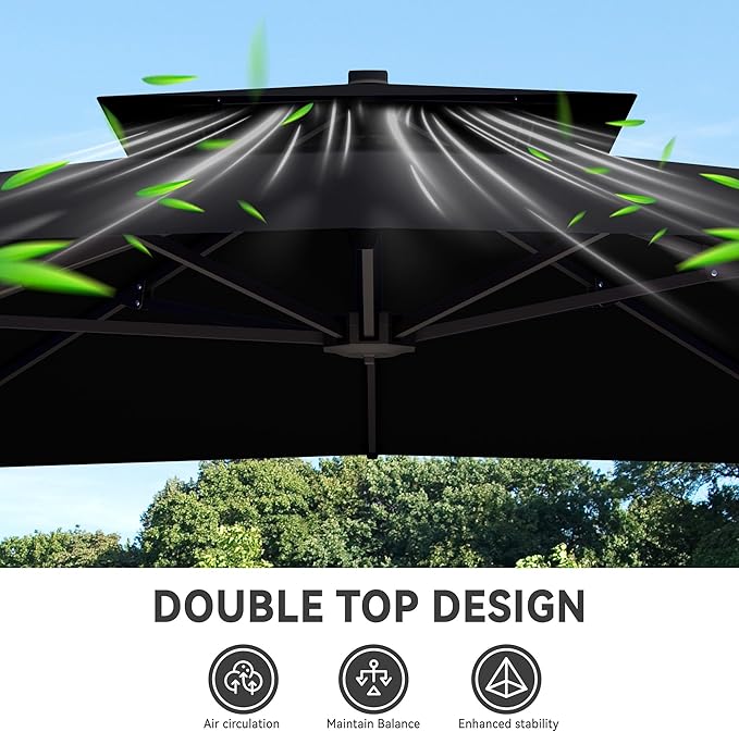 10x13 FT Cantilever Patio Umbrella with Base Included Double Top Outdoor Rectangular Large Heavy Duty Aluminum Offset Umbrellas with 7 Level Tilt 360-degree Rotation for Pool Garden Deck, Black