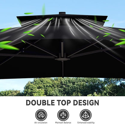 10x13 FT Cantilever Patio Umbrella with Base Included Double Top Outdoor Rectangular Large Heavy Duty Aluminum Offset Umbrellas with 7 Level Tilt 360-degree Rotation for Pool Garden Deck, Black