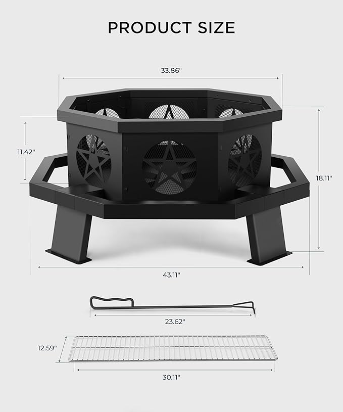 43 inch Fire Pit, Outdoor Fire Pits with Cooking Grill, Wood Burning Fire Pits for Outside, Octagonal Heavy Duty Large Firepit with Poker for Bonfire, Backyard, Camping, Patio, Picnic