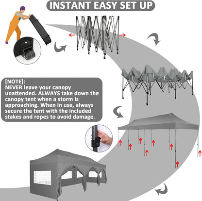 COBIZI 10x30 Pop Up Canopy with 8 Sidewall,Heavy Duty UPF 50+ All Season Wind Waterproof Commercial Outdoor Wedding Party Tents for Parties Canopy Gazebo with Roller Bag(10 x 30 ft Gray)