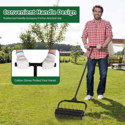 Lawn Aerator, 17'' Grass Rolling Aerators Tool Manual Garden Aerator with Handle Aeration Tool Lawn Steel Nails Aerator Machine with Sandbag, Patio Soil Roller Air Aerator Tool for Yard