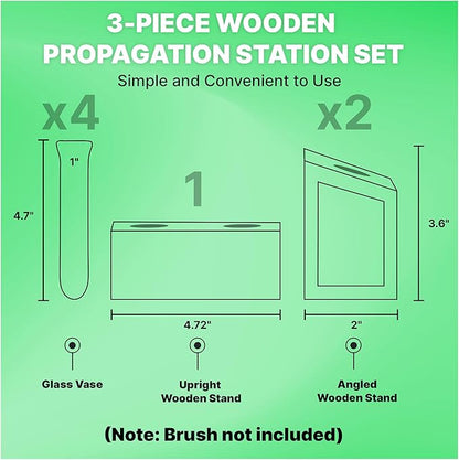 Plant Propagation Station - 3-Piece Wooden Stand with 4 Glass Test Tubes, Terrarium Vases for Plants, Hydroponic Propagation Planter for Home office Decor, Plant Lover Gift.