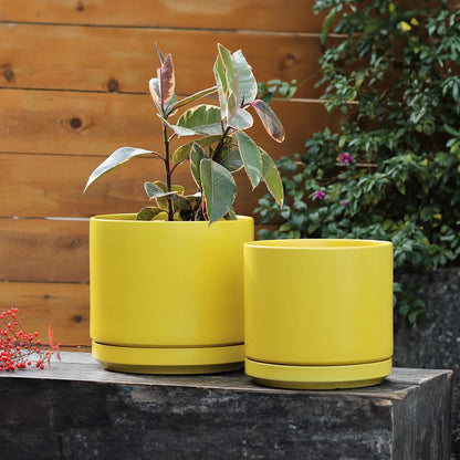 Ceramic Mid Modern Planter Pots with Detached Saucer - Indoor/Outdoor Plant Pots with Drainage Hole