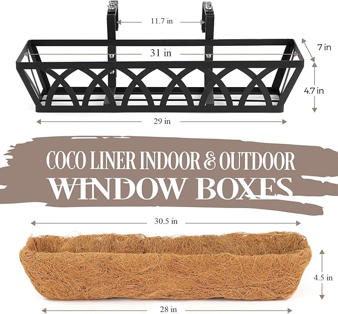 2 Pack 32IN Window Box Railing with Adjustable Brackets, Hanging Flower Planter Basket with Coco Liner for Outdoor Balcony Porch Fence Patio (Black)