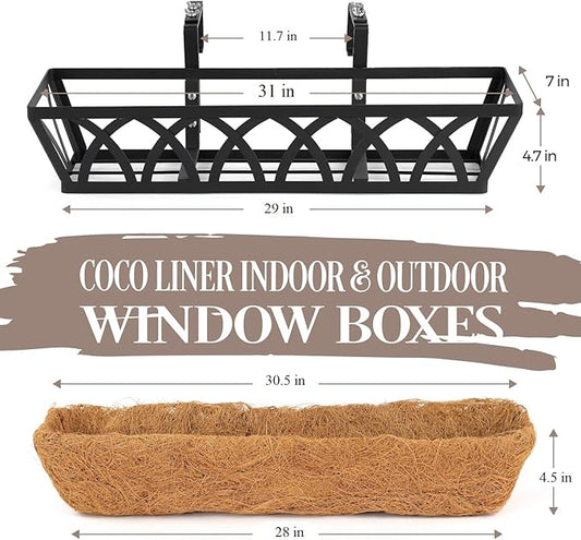 2 Pack 32IN Window Box Railing with Adjustable Brackets, Hanging Flower Planter Basket with Coco Liner for Outdoor Balcony Porch Fence Patio (Black)