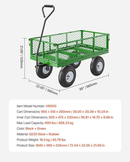 VEVOR 900 Lbs Steel Garden Cart on Wheels, Heavy Duty Pullable Garden Wagon Yard Cart, Outdoor Metal Utility Wagon with 10" Tires and Mesh Removable Sides(Convert to Flatbed), and 180°Rotating Handle