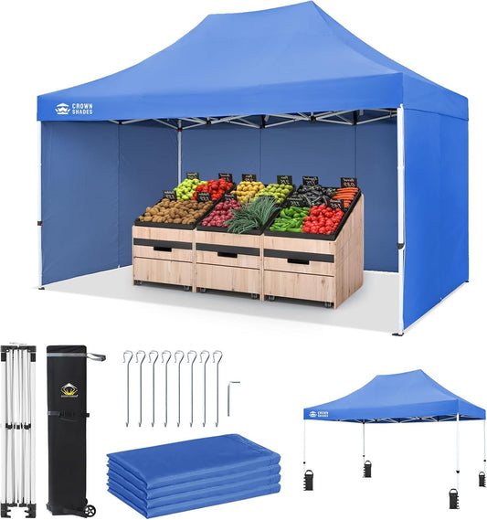 CROWN SHADES 10x15 Pop Up Canopy Tent, Thicken Frame Commercial Heavy Duty Tent, with 4 Sidewalls 8 Stakes & 4 Sandbags & 4 Ropes, Outdoor Canopies for Events, Parties,Blue