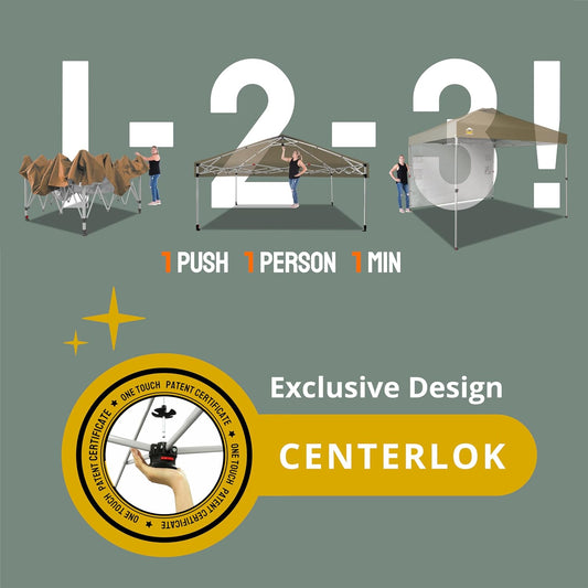 CROWN SHADES 10x10 Pop Up Canopy with 1 Side Wall - Beach Tent with One Push Setup - Outdoor Sun Shade for Events, Parties, Camping - Gazebo with STO-N-Go Cover Bag (Beige)