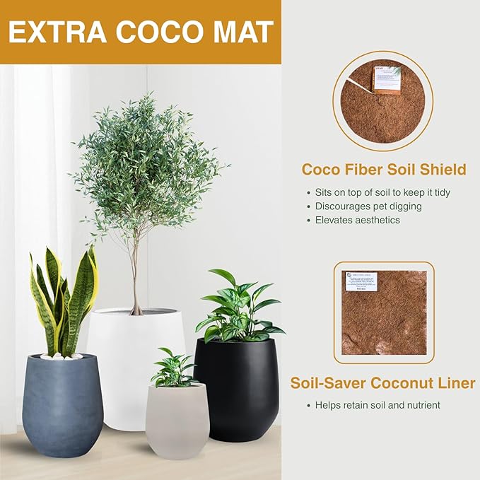 16.5" H x 15" D Corso Fiberstone Round Tapered Planter with Drainage Hole, Smooth Finishes, Weather Resistant for Indoor & Outdoor Use, Included 2 Extra Coco Mats (Black, 11.5" Pot Opening)