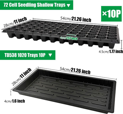 10 Pack 1020 Seed Starter Trays and 10 Pcs 72 Cell Plug Trays, Thick Durable Seedling Plastic Nursery Tray for TD538 1020 Tray Germination (10 Sets)