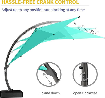 Kingdura 12ft Cantilever Patio Umbrella with Base Included, Large Round Offset Outdoor Pool Umbrella, 360° Rotation & Infinite Tilt, Heavy Duty Aluminum Frame for Deck Backyard, Turquoise blue