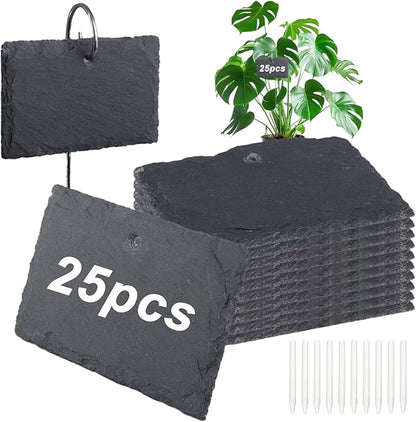 25 Pcs Plant Labels with Metal Stakes and Stone Chalks Reusable Hanging Slate Planter Markers Weatherproof Garden Tags for Seedlings Vegetable Flower Pot
