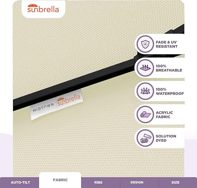 Midtown Umbrellas Sunbrella Umbrella 8 Feet Outdoor Umbrella With Sunbrella Canvas Natural Acrylic Fabric - Auto-Tilt Aluminum Frame Patio Umbrella For Backyard, Deck, Garden, Pool - Black Pole