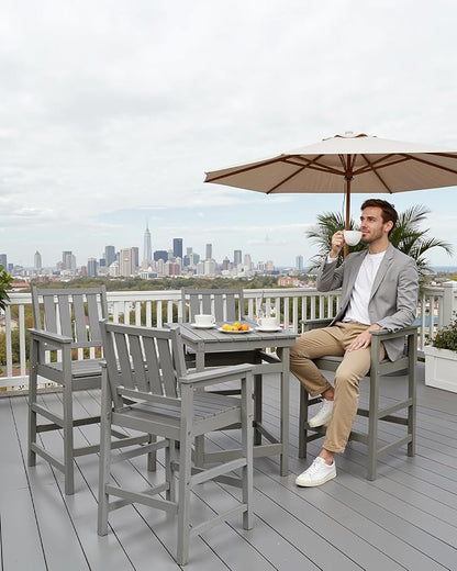 QUASCO 5 PCS Outdoor Adirondack Bar Chairs and Table Set, HDPE Patio Bar Height Chairs Set of 4 and Bar Table, All Weather Outdoor Bar Stools Set for Bistro, Balcony, Poolside, Gray