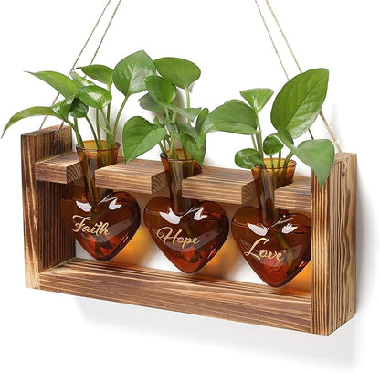 Plant Terrarium Propagation Stations Faith Hope Love Hydroponics Home Garden Decoration Gift for Women with Wooden Stand Heart Shaped Colored Glass Vase