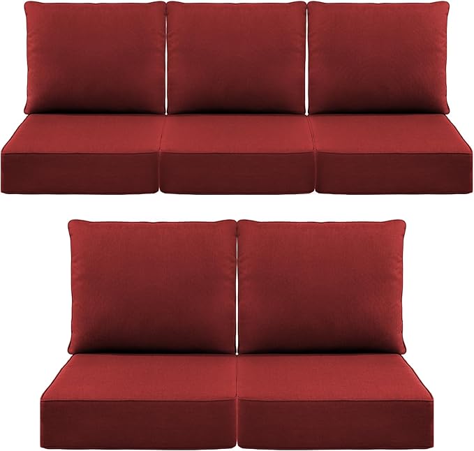 Luxury 6" Outdoor Cushions for Patio Furniture, 24x24x6" Thick Seat Cushion Set of 5, Fade Resistant Couch Chair Replacement Cushions High Density Deep Wicker Chair Cushion w/ Removable Cover, Red