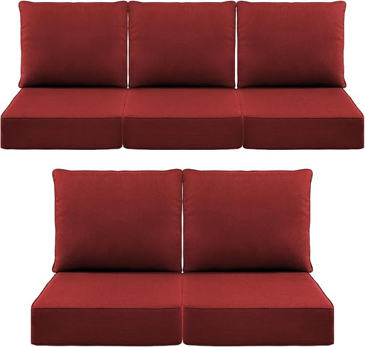 Luxury 6" Outdoor Cushions for Patio Furniture, 24x24x6" Thick Seat Cushion Set of 5, Fade Resistant Couch Chair Replacement Cushions High Density Deep Wicker Chair Cushion w/ Removable Cover, Red