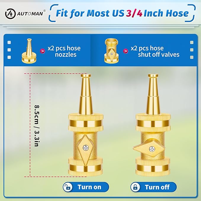 AUTOMAN Brass Hose Nozzle - High Pressure Jet Nozzle 4 Count (2 Set), Heavy Duty Water Hose Sprayer Sweeper with Hose Shutoff Valve, 3/4” GHT Nozzles for Garden Hose, Car Wash, Extra 10 Rubber Washers