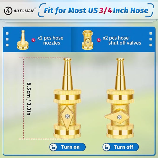 AUTOMAN Brass Hose Nozzle - High Pressure Jet Nozzle 4 Count (2 Set), Heavy Duty Water Hose Sprayer Sweeper with Hose Shutoff Valve, 3/4” GHT Nozzles for Garden Hose, Car Wash, Extra 10 Rubber Washers