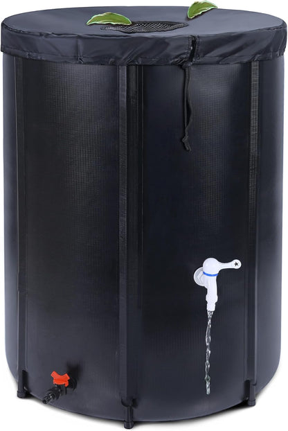 100 Gallon Rain Barrel - Portable Rain Water Collection Barrel - Large Collapsible Water Storage Tank with Spigot Overflow Kit, Black
