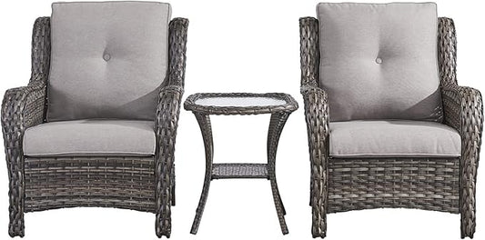 Rilyson Patio Bistro Set Wicker Chairs - 3 Piece Outdoor Rattan Conversation Set with 2 Armrest Chair and 1 Side Table for Proch Deck Garden Backyard Balcony(Mixed Grey/Grey)