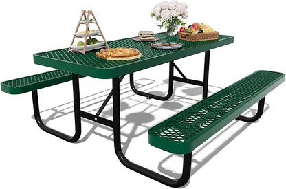 72'' Rectangular Steel Picnic Table for Outdoors,Commercial Metal Picnic Table Bench Set with Umbrella Hole,School Canteen Table W/Seats - Heavy Duty Sturdy Picnic Tables Furniture for Patio Garden