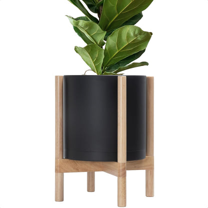 D'vine Dev Planter Pot with Stand - 12 Inch Plastic Cylinder Flower Pot with Wood Planter Holder for Indoor, Matte Black Pot + Natural Stand, 55-C-P-2
