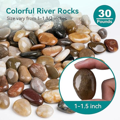 30 lbs River Rocks, 1-1/2 inch Plant Rocks for Pots Indoor, Decorative Garden Rocks Outdoor Landscaping, Polished Natural Stone for Walkways, Yard, Vases, Crafts