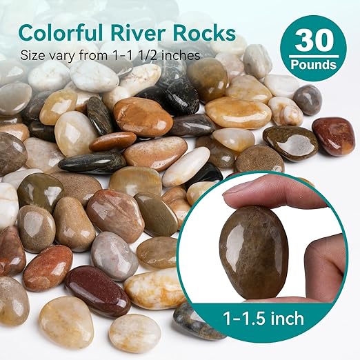 30 lbs River Rocks, 1-1/2 inch Plant Rocks for Pots Indoor, Decorative Garden Rocks Outdoor Landscaping, Polished Natural Stone for Walkways, Yard, Vases, Crafts