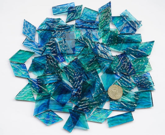 200g Transparent Mosaic Glass Tiles, Large Stained Glass Pieces for DIY Mosaic Craft Supplies, 4 Shapes Mosaic Glass Tiles for DIY Mosiac Present, Pond Water Blue