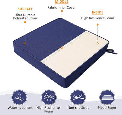 Square Corner Seat Cushions, 18.5" x 16" x 3", Set of 4, Indoor Outdoor Water Repellent Universal Chair Pads with Ties for Patio Furniture, Garden Deck Dining Chairs, Navy