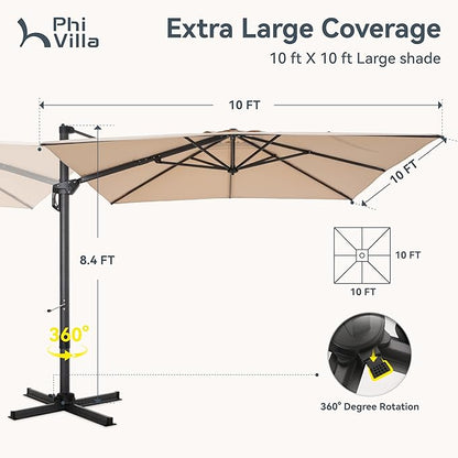 PHI VILLA 10ft Cantilever Patio Umbrella with Crank Handle, 7-Level Tilt & 360° Rotation, Aluminum Square Outdoor Offset Umbrella Windproof & Crashproof for Garden, Deck, Pool (Beige)