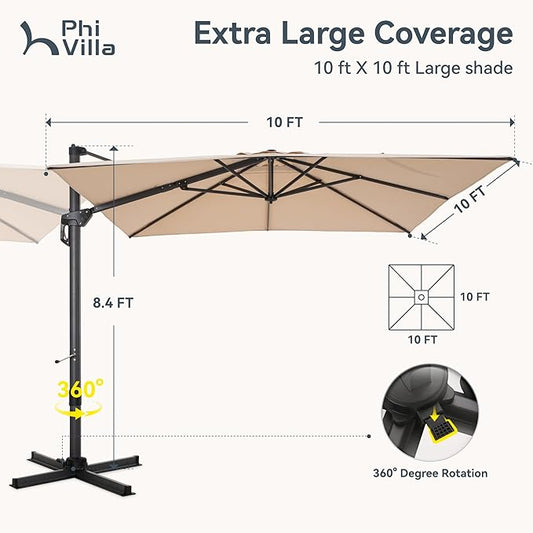 PHI VILLA 10ft Cantilever Patio Umbrella with Crank Handle, 7-Level Tilt & 360° Rotation, Aluminum Square Outdoor Offset Umbrella Windproof & Crashproof for Garden, Deck, Pool (Beige)