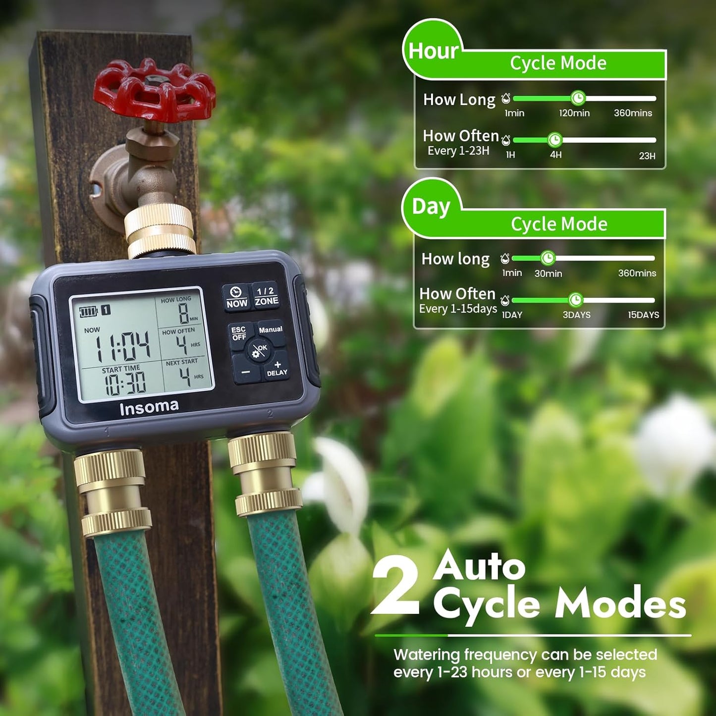 Insoma Water Timer with Brass Inlet & Outlet, 2 Independent Zones Outdoor Hose Timer for Garden Faucet with Auto/Manual/Rain Delay Mode, Sprinkler Irrigation Controller for Yard Lawn