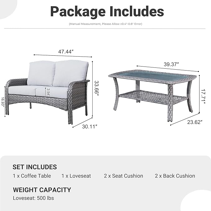 ovios 2 Pieces Patio Furniture Set, Outdoor Wicker Sofa with Glass Coffee Table, All Weather High Back Rattan Loveseat Couch 2 Seats with Comfy Cushions, Grey
