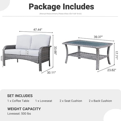 ovios 2 Pieces Patio Furniture Set, Outdoor Wicker Sofa with Glass Coffee Table, All Weather High Back Rattan Loveseat Couch 2 Seats with Comfy Cushions, Grey
