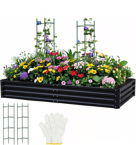 Metal Raised Garden Bed 8x4x1Ft Outdoor Large Metal Galvanized Planter Boxes Kit for Vegetables, Flowers, and Herbs,Garden Beds with 2Pcs Tomato Cage 1Pc Gloves,Black