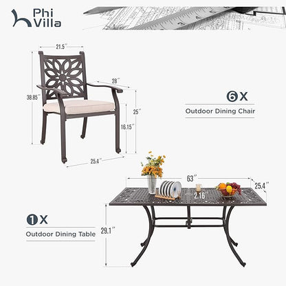 PHI VILLA Cast Aluminum Patio Dining Set for 6, 7 Piece Outdoor Patio Table and Chairs with 63" x 37.4" Aluminum Table(2.3" Umbrella Hole) and 6 Extra Wide Dining Chairs with Cushions